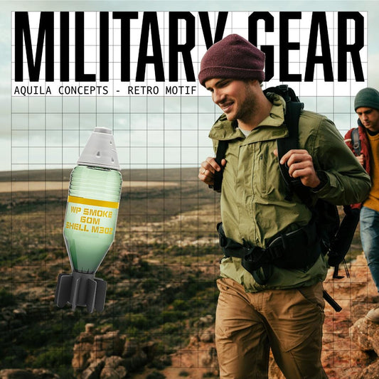A promotional graphic for 'Military Gear' by Aqua Concepts, featuring a man in an olive green jacket and maroon beanie hiking outdoors, with a retro-style green smoke bomb shell megaphone floating on the left. The text 'MILITARY GEAR' and 'AQUA CONCEPTS - RETRO MOTIF' are displayed at the top over a grid pattern.