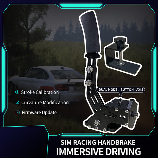 Sim racing handbrake controller with a black handle and mounting bracket, shown with feature callouts and a car background graphic.