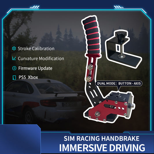 Sim racing handbrake accessory shown with a red-and-black handle, mounting bracket, and base plate, overlaid on a blurred car background with feature callouts and the text 'SIM RACING HANDBRAKE' and 'IMMERSIVE DRIVING'.