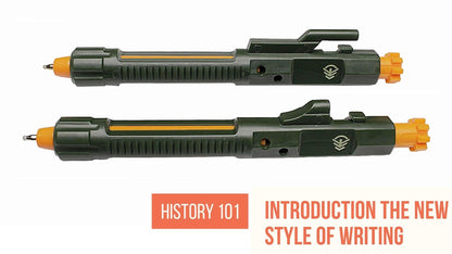 Two futuristic black and orange stylus pens shown horizontally on a white background, with text at the bottom reading 'HISTORY 101' and 'INTRODUCTION THE NEW STYLE OF WRITING'.